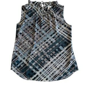 CAbi 3451 Sleeveless‎ Blouse Plaid Trellis Ruffle Neck Keyhole Top Gray Size M